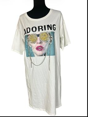 Fashion Nova Adoring Embellished Graphic T-Shirt Dress Pearl Crystal Chain L/XL